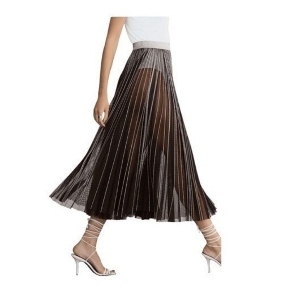 GSTQ‎ Sun Pleated Mesh Pull-On Midi Skirt Black Semi-Sheer M